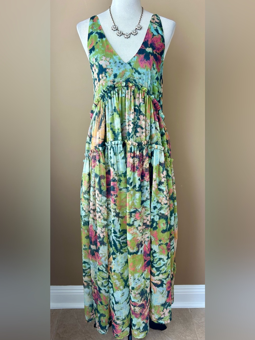 Free People Julianna Maxi Dress Green Sleeveless Tiered Ruffle Size XS - Picture 4 of 16